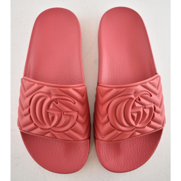 Gucci Deep Coral Red Rubber Quilted GG Logo Flat Pool Slide Slip On Sandal 36 - Picture 7 of 13